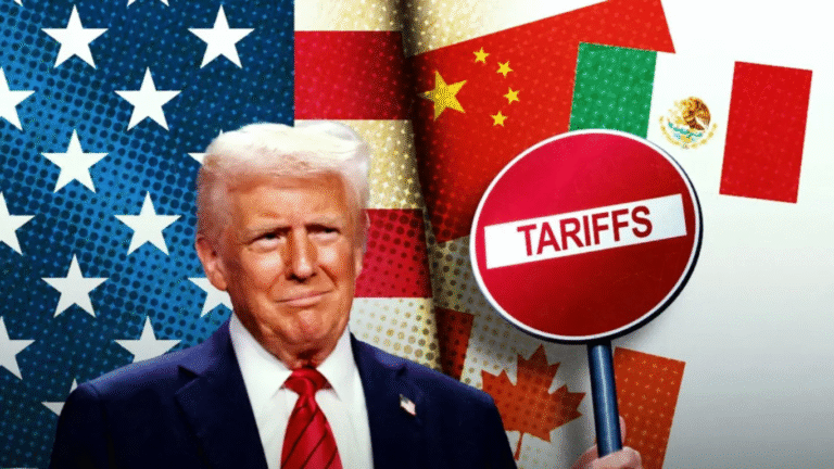 Donald Trump holding tariffs sign with U.S., Canada, China, and Mexico flags symbolizing trade tensions affecting Canadian dental supplies.