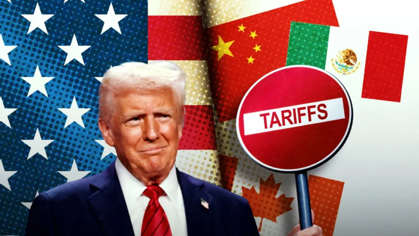 Donald Trump holding tariffs sign with U.S., Canada, China, and Mexico flags symbolizing trade tensions affecting Canadian dental supplies.