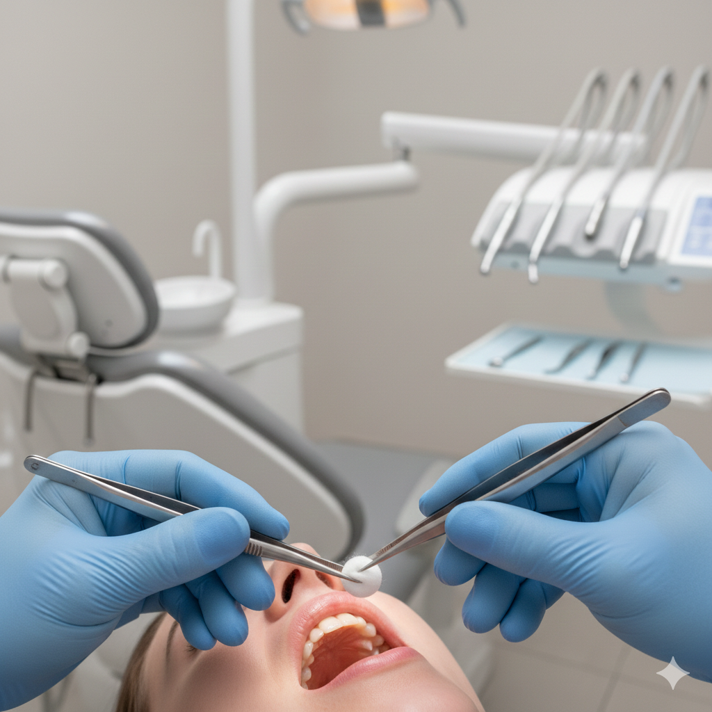Dentist using an angled cotton plier to place cotton in a patient’s mouth, demonstrating precision and ergonomic design