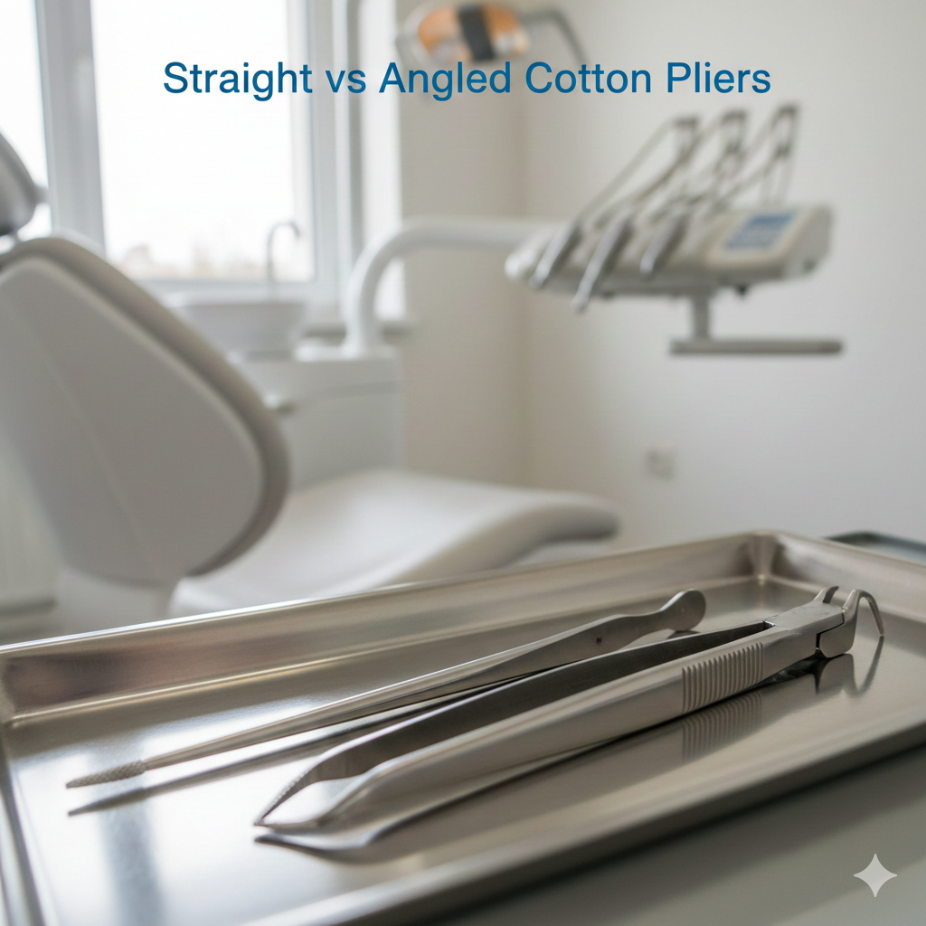 Straight and angled cotton pliers on a stainless steel tray in a modern Canadian dental clinic, ready for use in dental procedures.