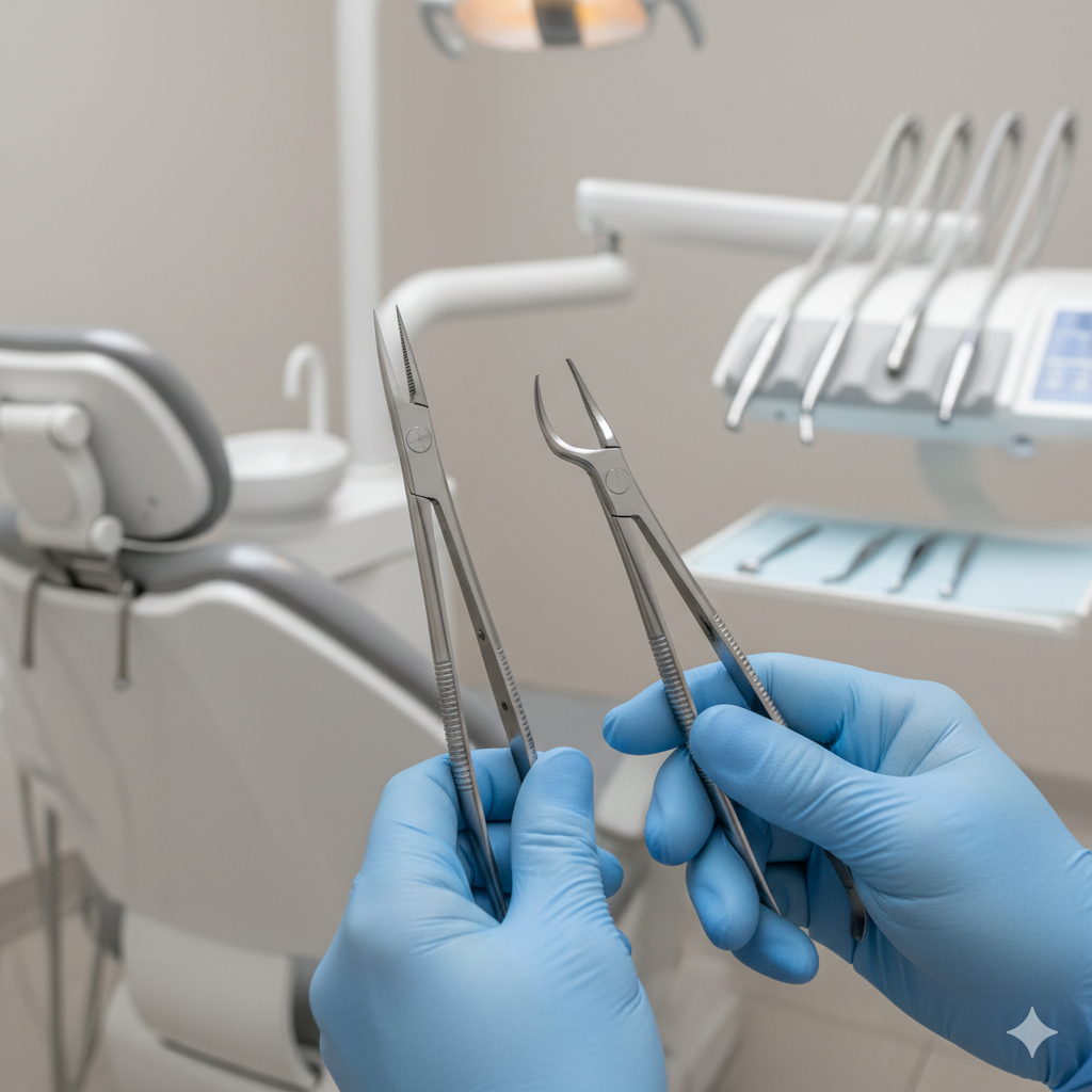 Straight and angled cotton pliers held by a dentist in a modern Canadian dental clinic for comparison.